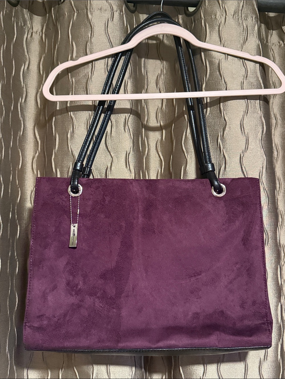 Sag Harbor Plum Suede Shoulder Tote with Black Handles great for tablet